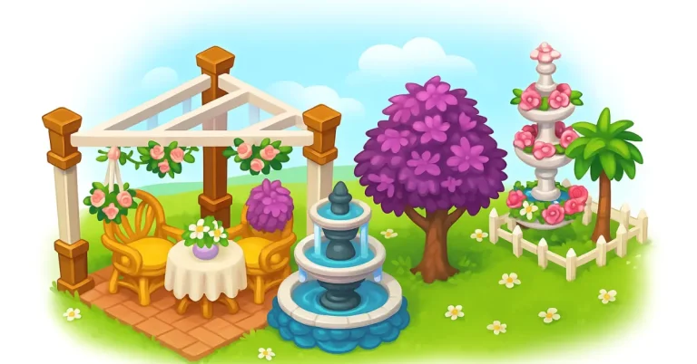 Colorful garden with pergola, fountain, purple tree, and floral topiary in Final Custom Decorations Hay Day