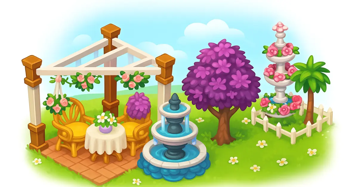 Colorful garden with pergola, fountain, purple tree, and floral topiary in Final Custom Decorations Hay Day