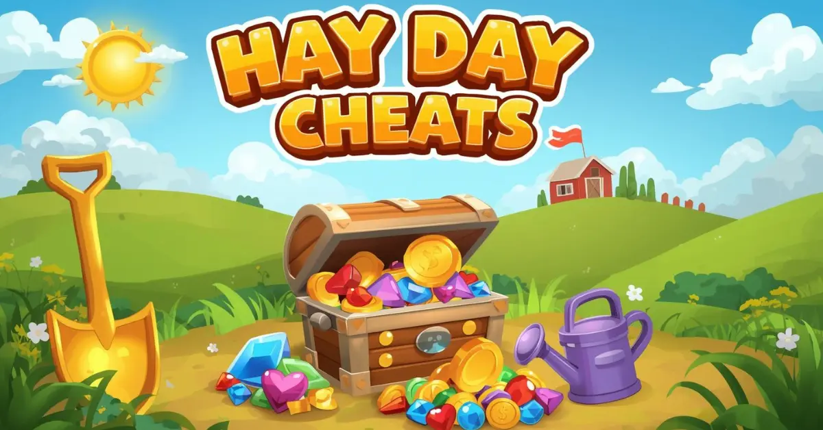 Hay Day Cheats illustration with treasure chest of coins and gems on a bright farm background.