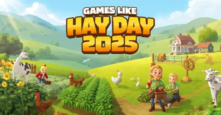 Hay Day and similar farming games showing crops, animals, and village building in cozy gameplay