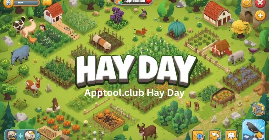 Apptool.club Hay Day gameplay screen showing farm layout and resources