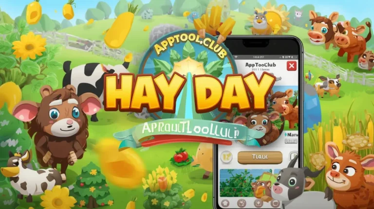 Apptool.club Hay Day mod overview with gameplay interface and farming elements