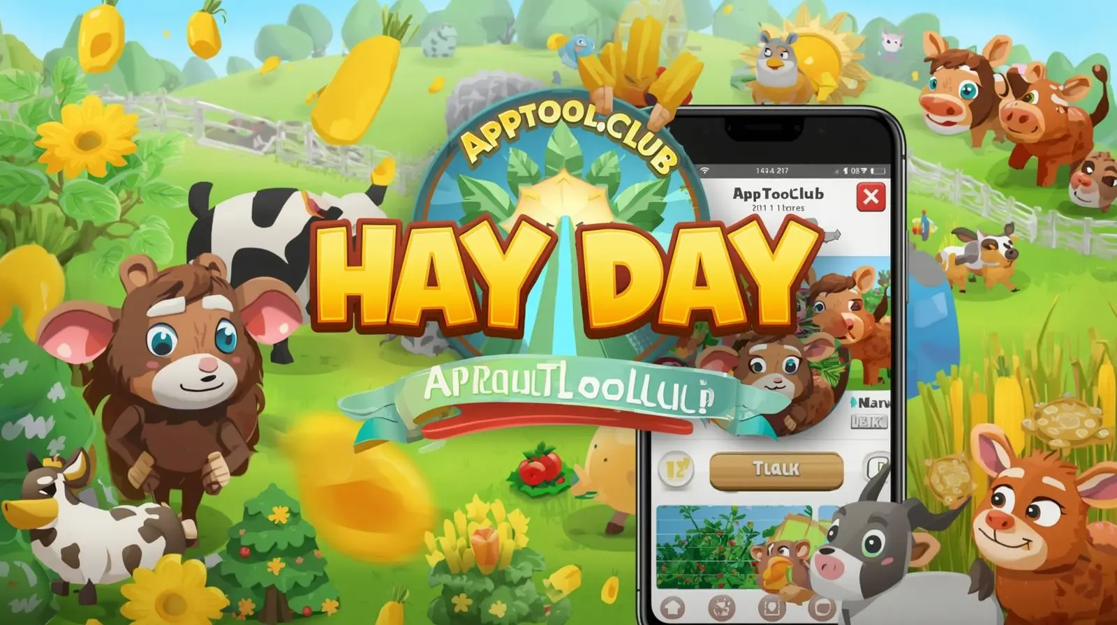 Apptool.club Hay Day mod overview with gameplay interface and farming elements
