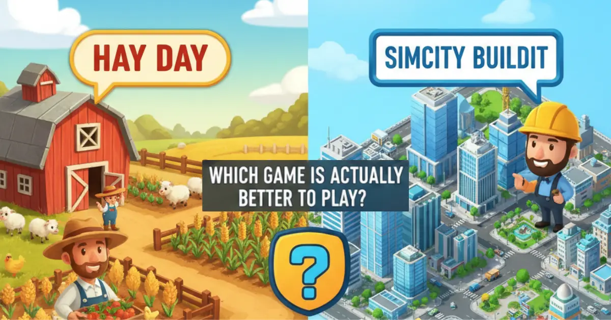 Hay Day vs. SimCity BuildIt gameplay comparison showing farm and city simulation